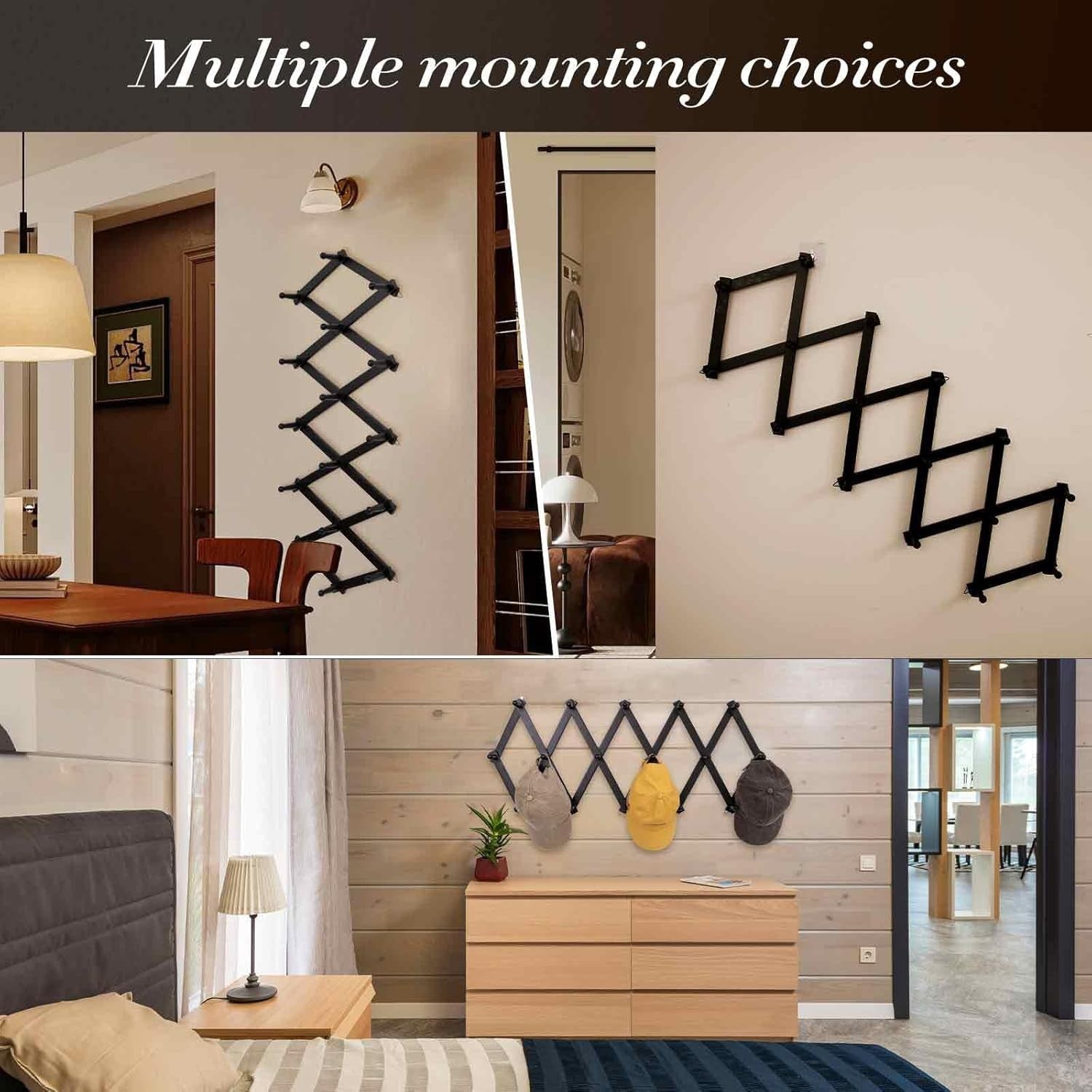 Black Wooden Wall Hat Rack 16 Hooks Expandable Accordion Coat Organizer