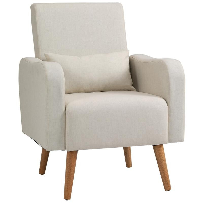 Cream Linen Accent Armchair Wooden Legs Lounge Chair Padded Seat Home Sofa