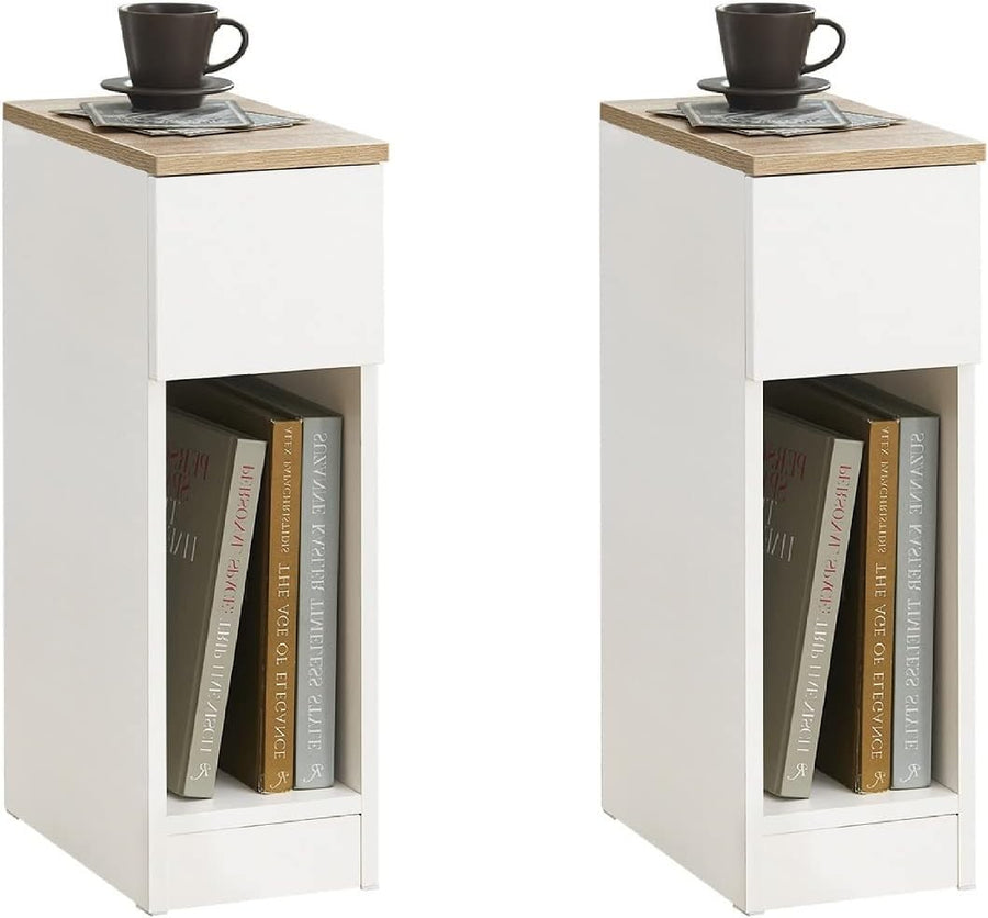 Set of 2 Slim White Bedside Tables with Drawer & Shelf | Narrow Modern