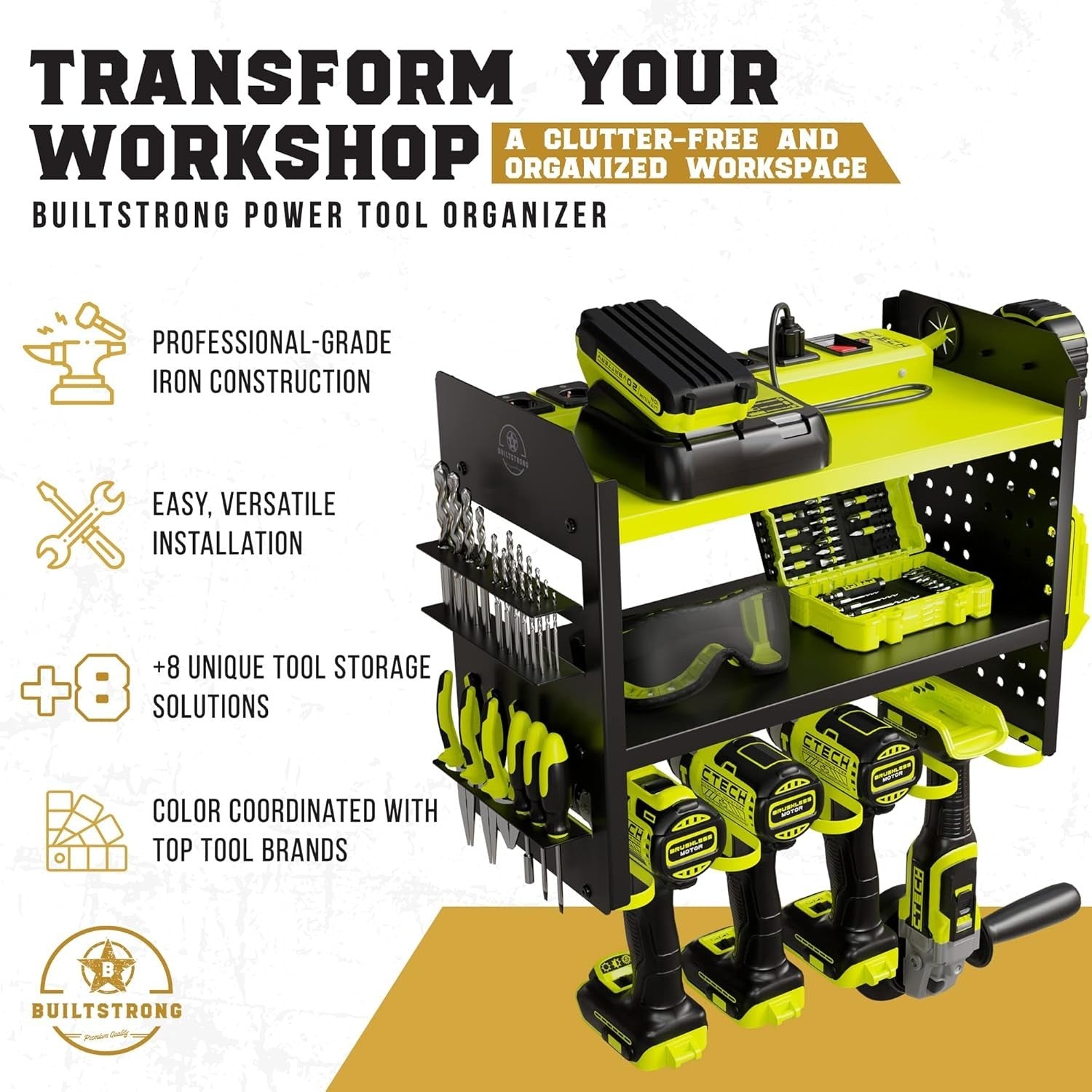 Heavy-Duty 3-Tier Green Tool Rack 43.7W x 22.1D x 35.6H cm – Garage