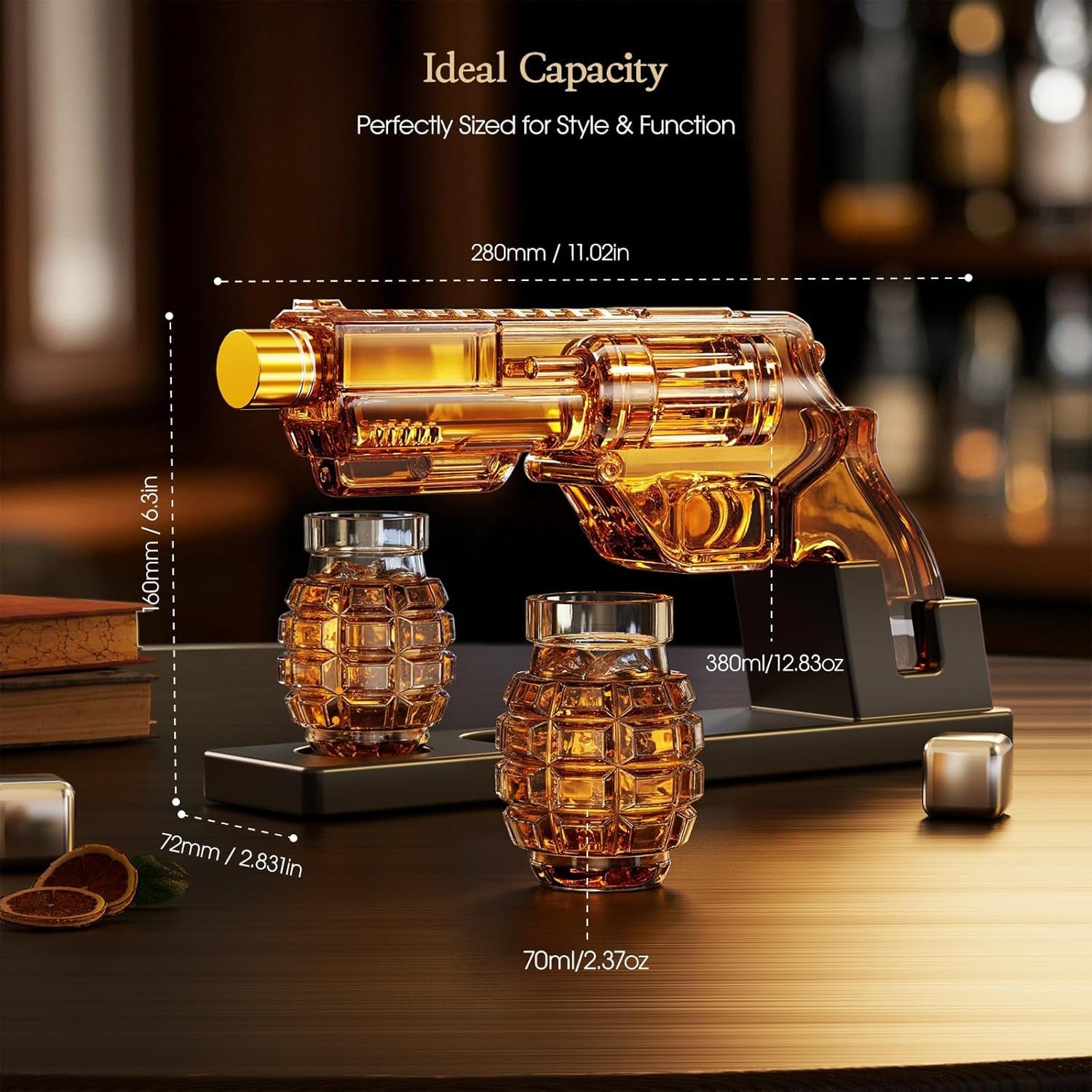 Gun Whiskey Decanter Set with Grenade Shot Glasses Gift Box Display Stand 380ml