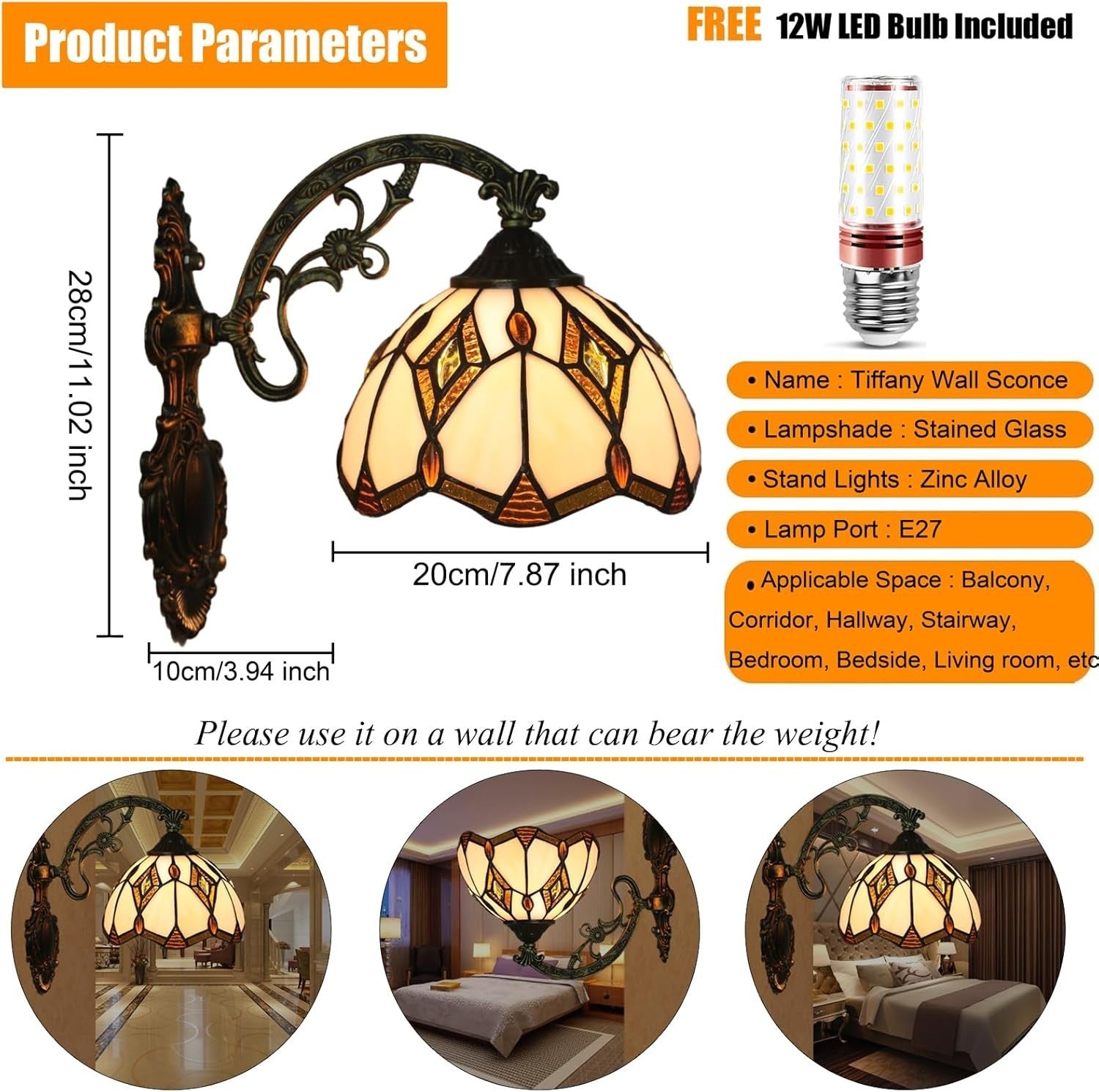 Vintage Tiffany Style Wall Sconce, 8in Stained Glass Lamp for Indoor Use