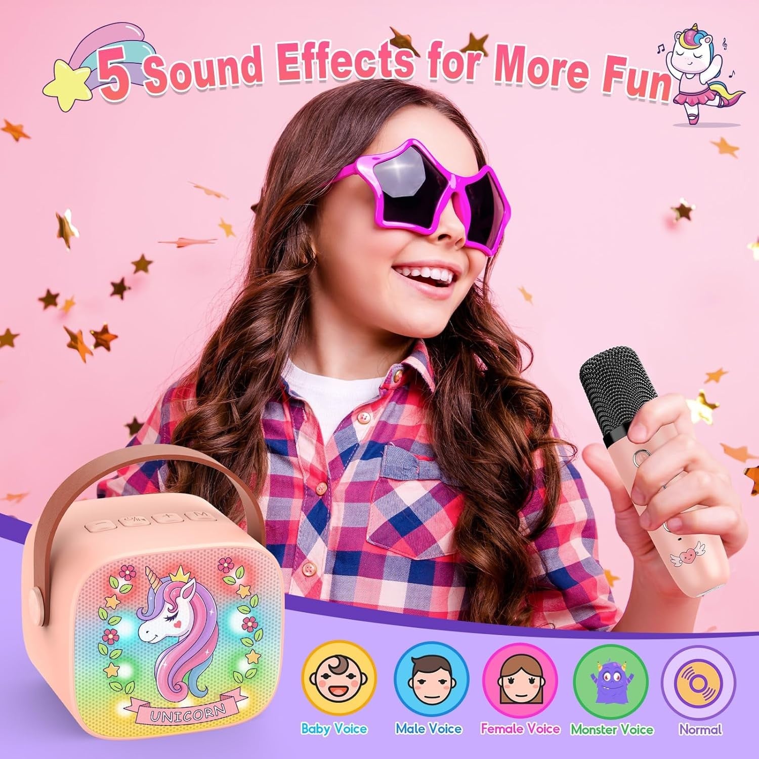 Pink Unicorn Karaoke Machine for Kids w/ 2 Wireless Microphones