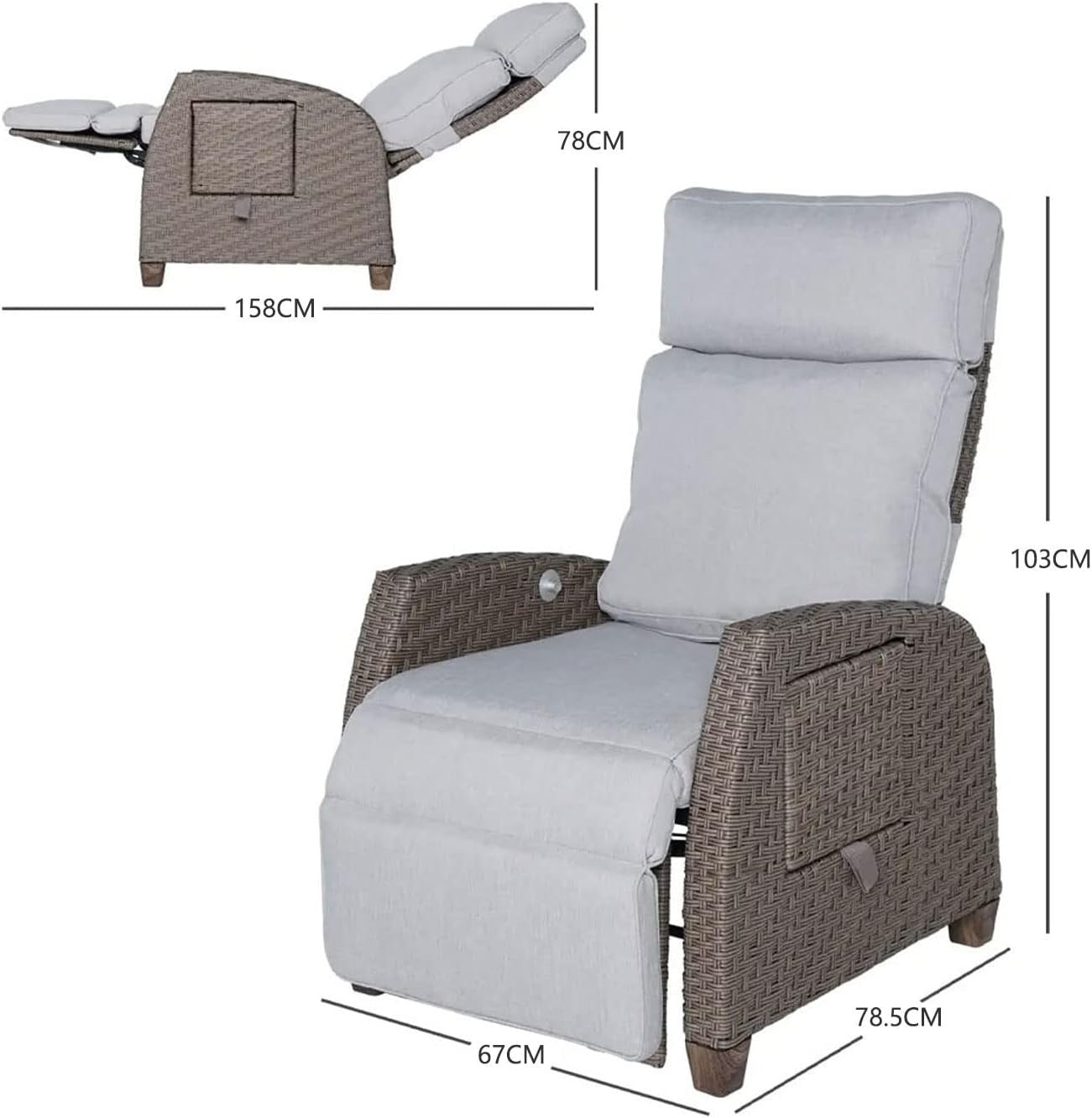 Outdoor Recliner Wicker Patio Chair Adjustable Sun Lounger with Flip Table