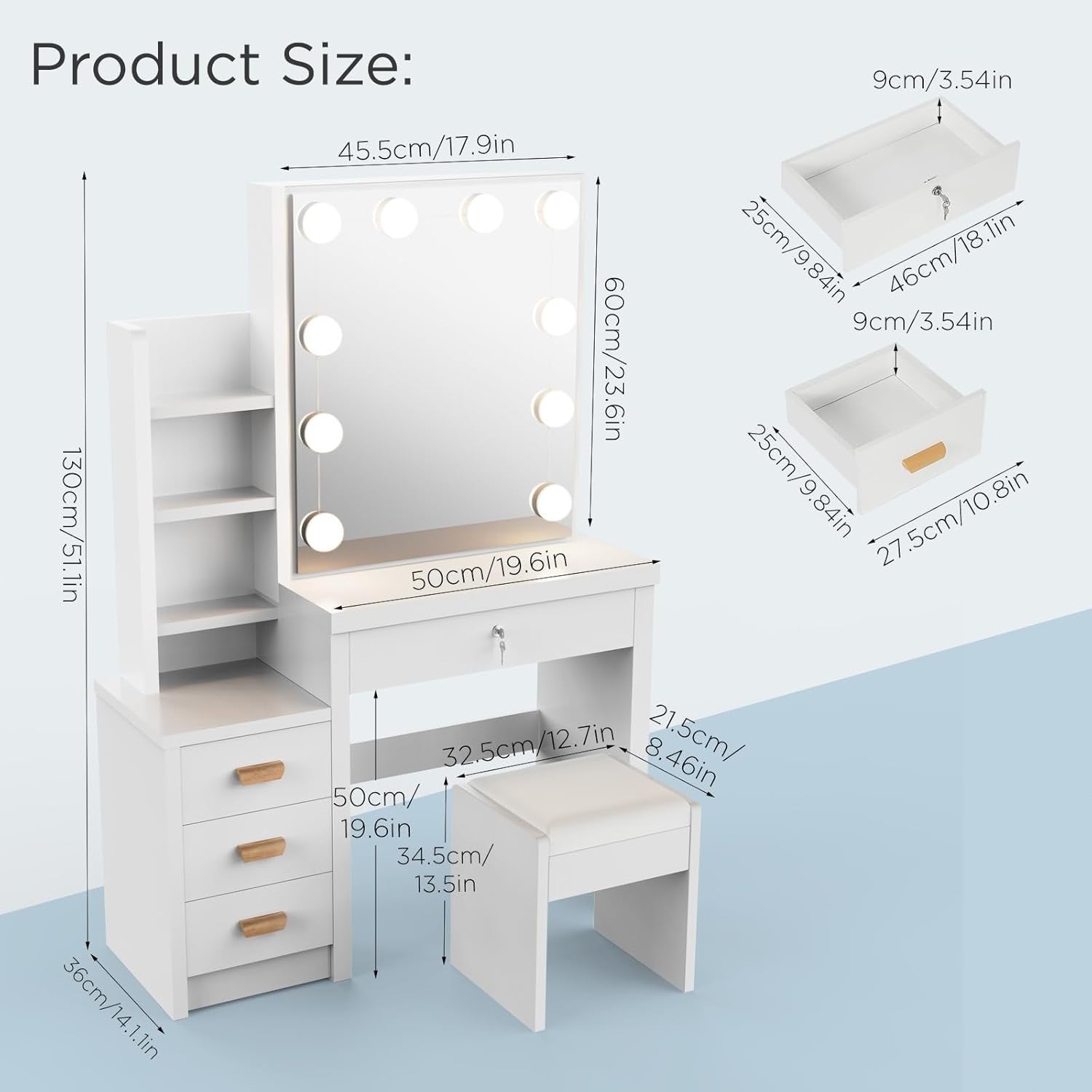 Vanity Set Makeup Desk White LED Mirror Sliding Storage Stool 4 Drawers Bedroom