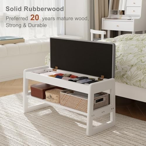 Small Flip-Top Shoe Bench with Linen Cushion | 2-Tier White Shoe Rack Entryway