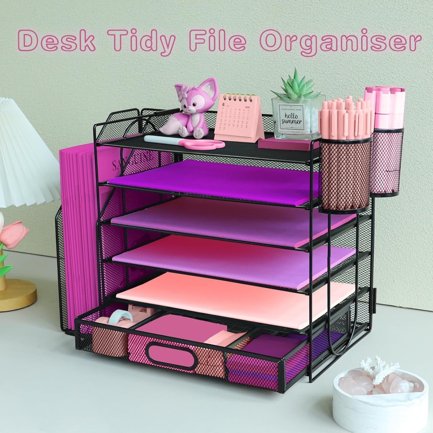 6-Tier Metal Desk Organizer with Drawer Pen Holders File Trays Black