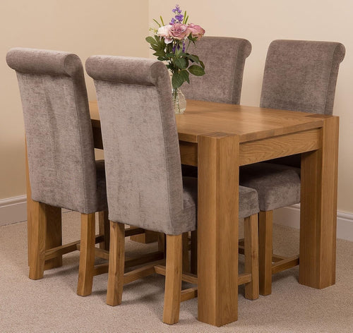 Solid Oak 4-Seater Dining Table Set with Grey Upholstered Chairs, 125x80cm