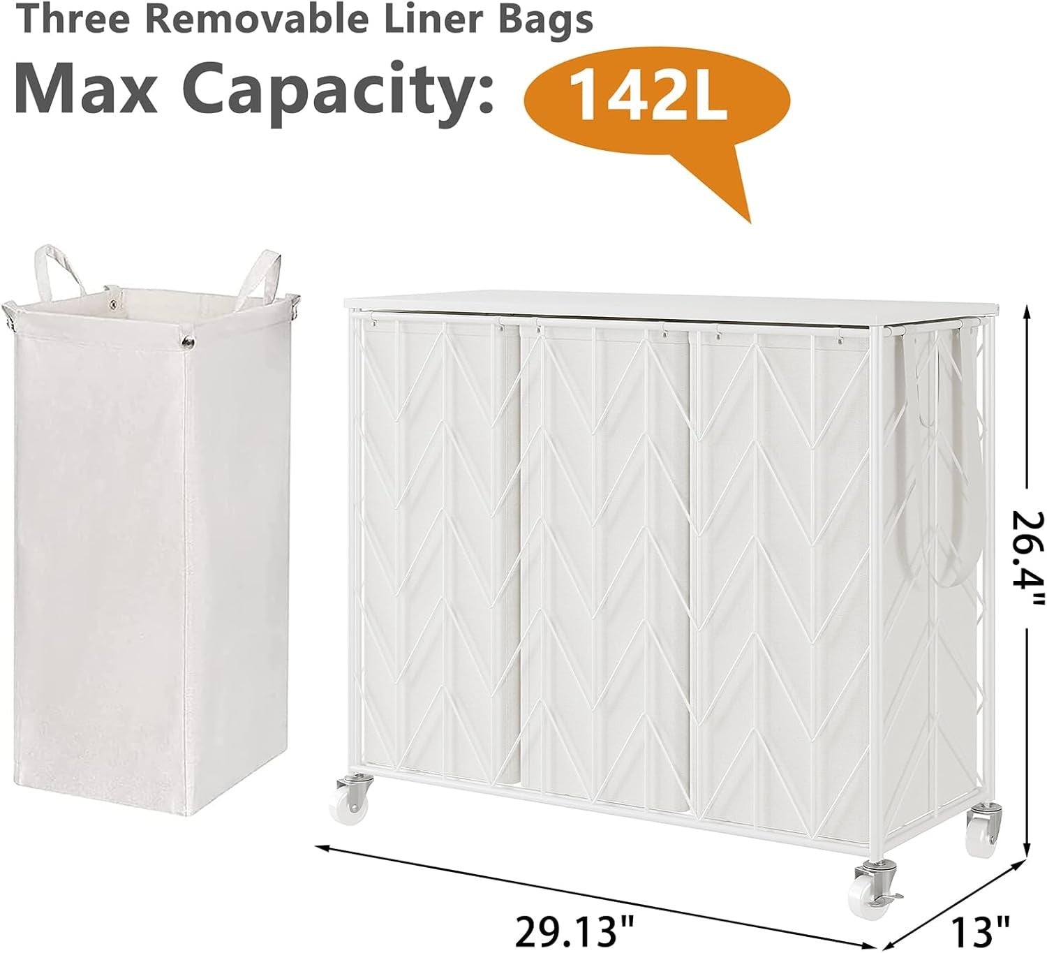 142L 3 Section Laundry Hamper with Wheels Lid & Removable Bags Large Organizer
