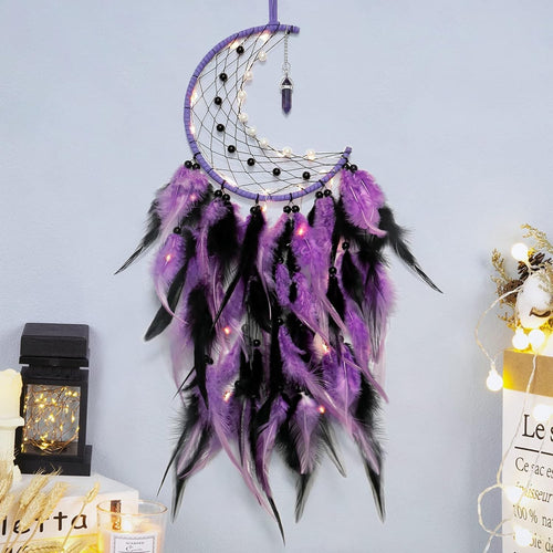Boho Moon Dream Catcher Purple Black Feathers Fairy Lights Wall Decor