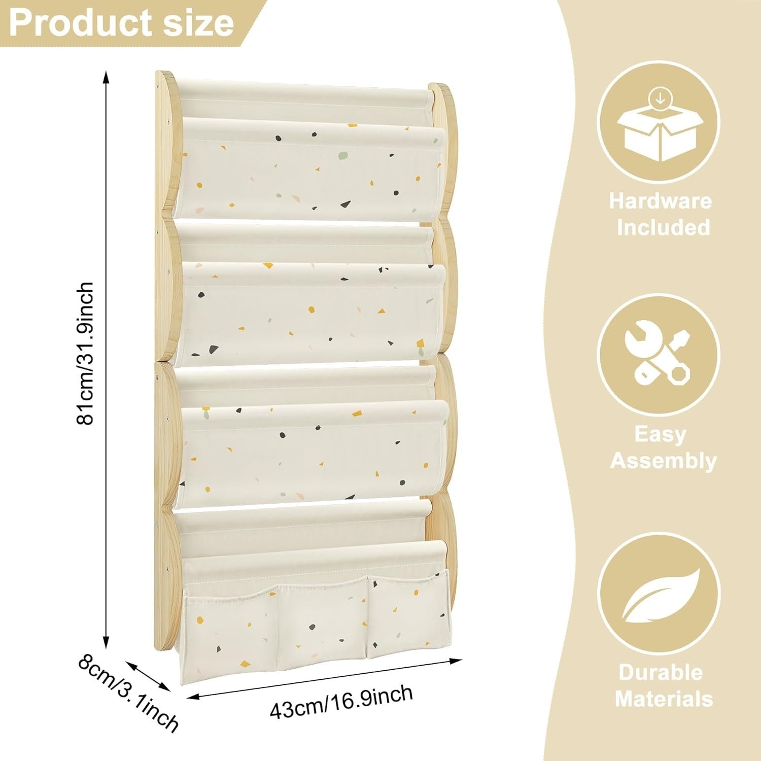 4-Tier Wall Mounted Kids Bookshelf with Fabric Sling & Pockets, Pine Wood