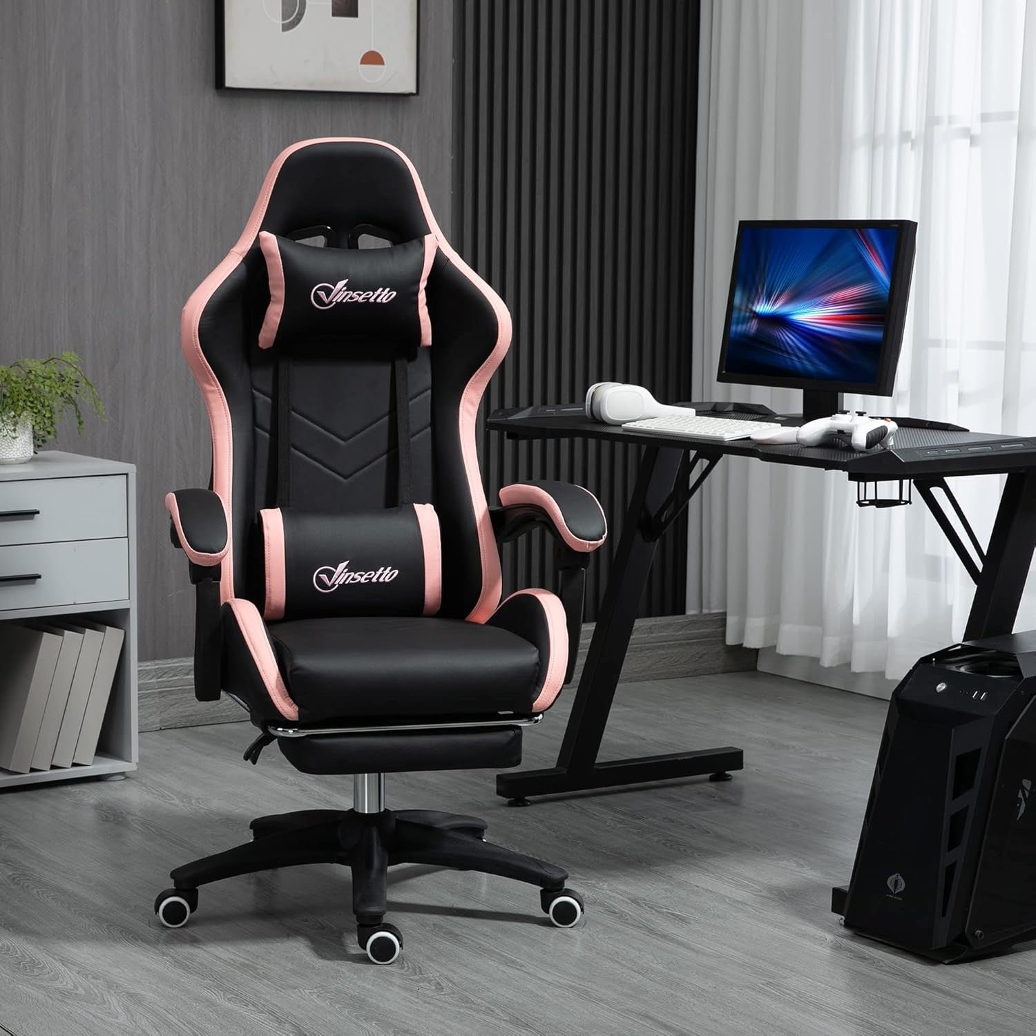 Gaming Chair PU Leather Recliner w/ Footrest 135° Swivel Black Pink