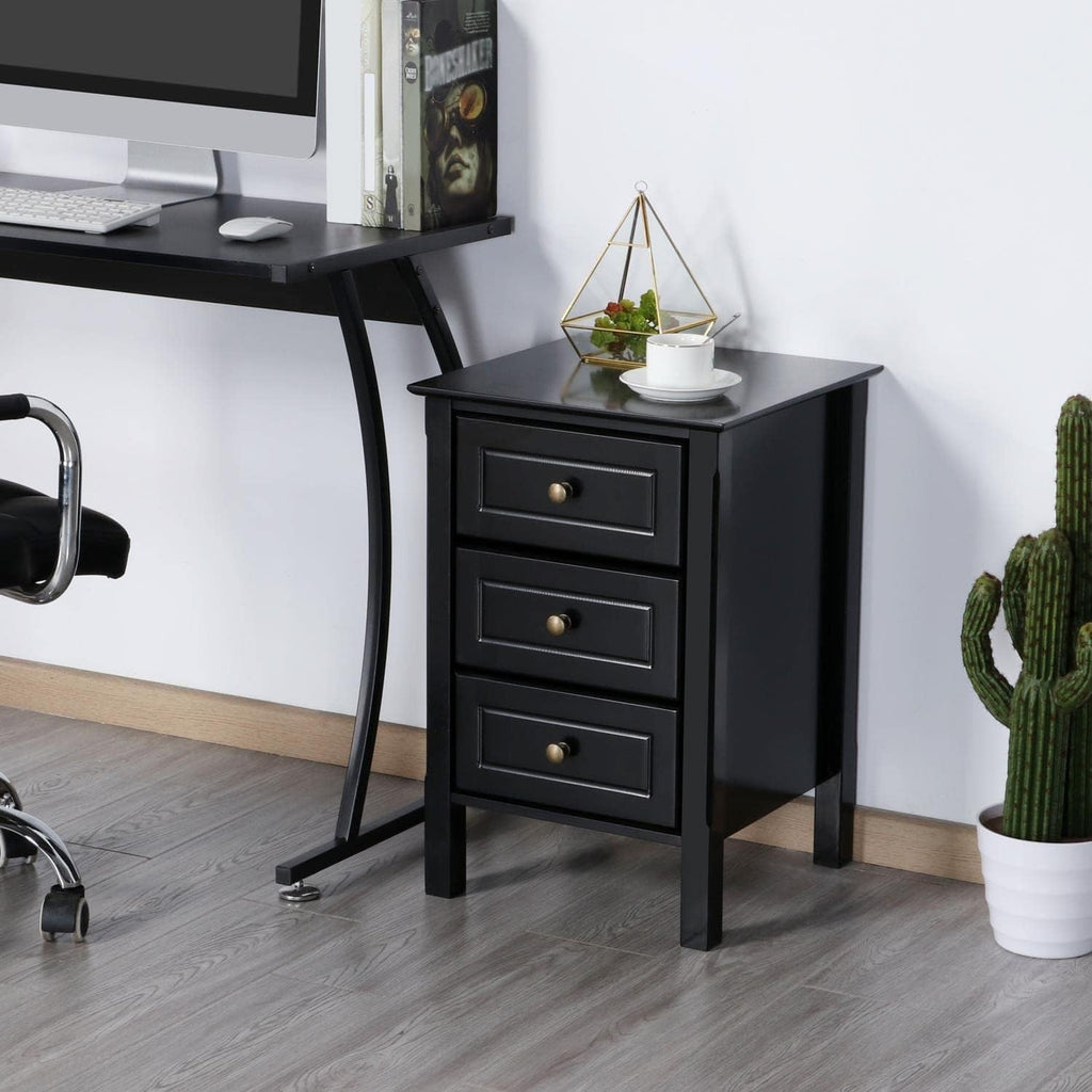 Black Wooden Bedside Tables Set of 2 – 3 Drawer Nightstand
