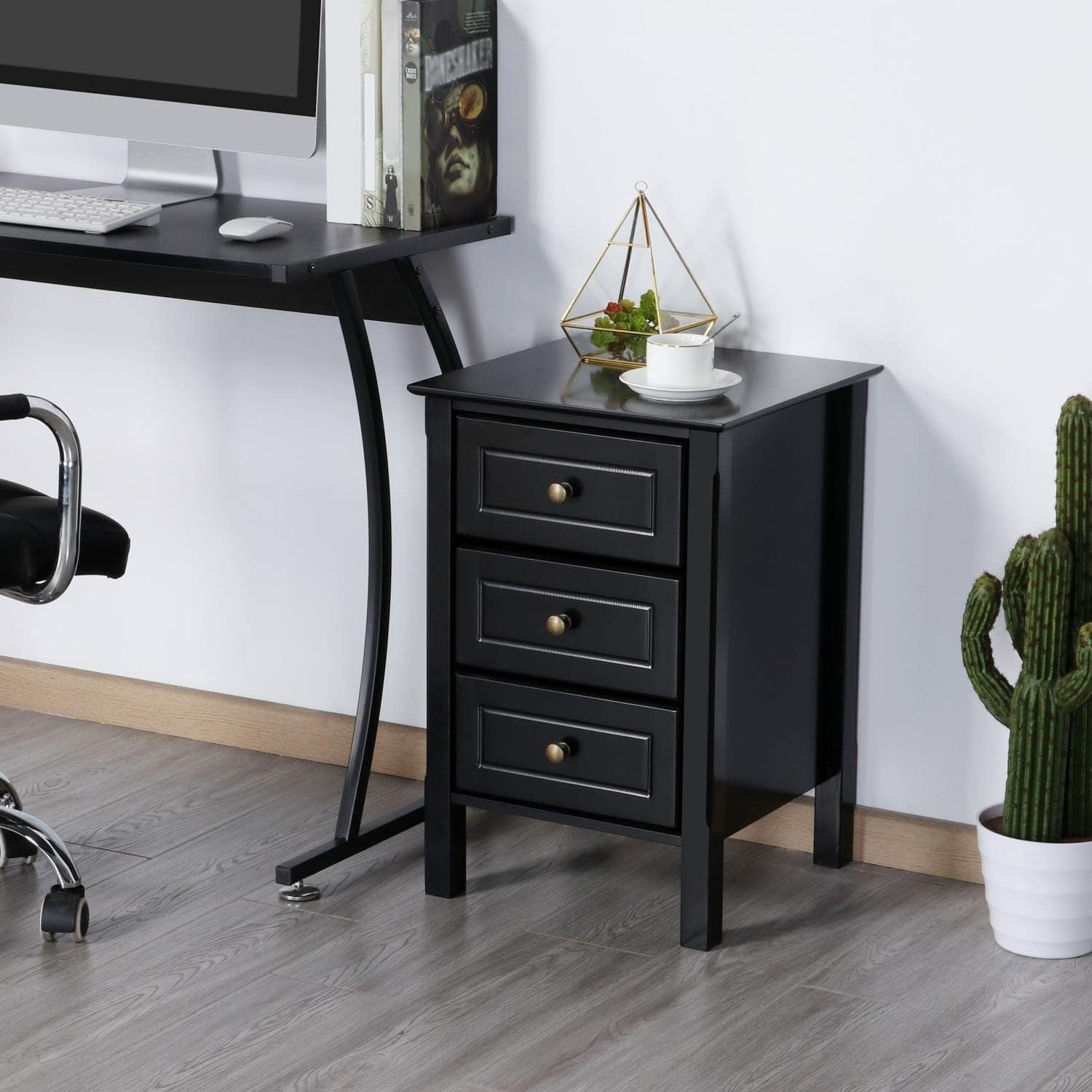 Black Wooden Bedside Tables Set of 2 – 3 Drawer Nightstand