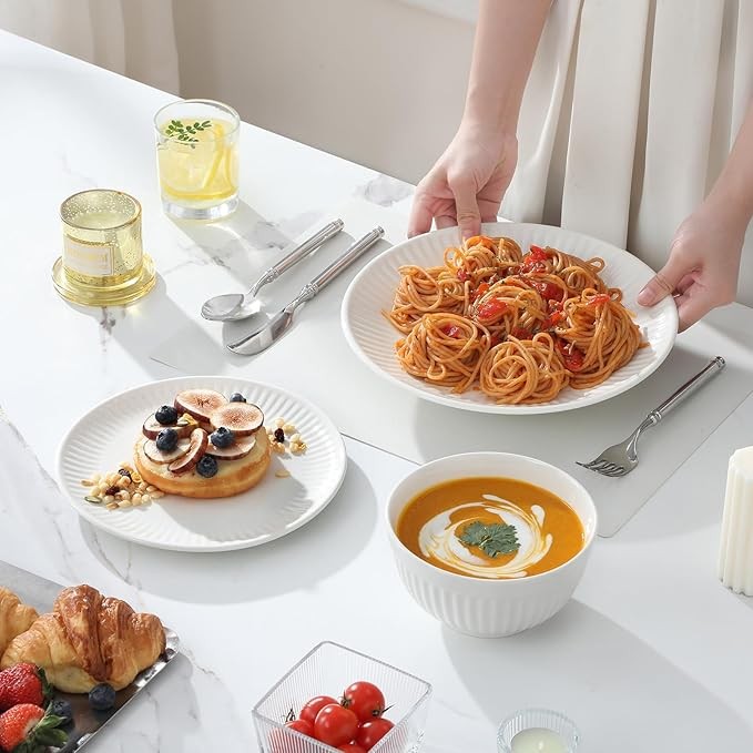 18 Piece White Porcelain Dinner Set for 6 Embossed Plates Bowls Tableware