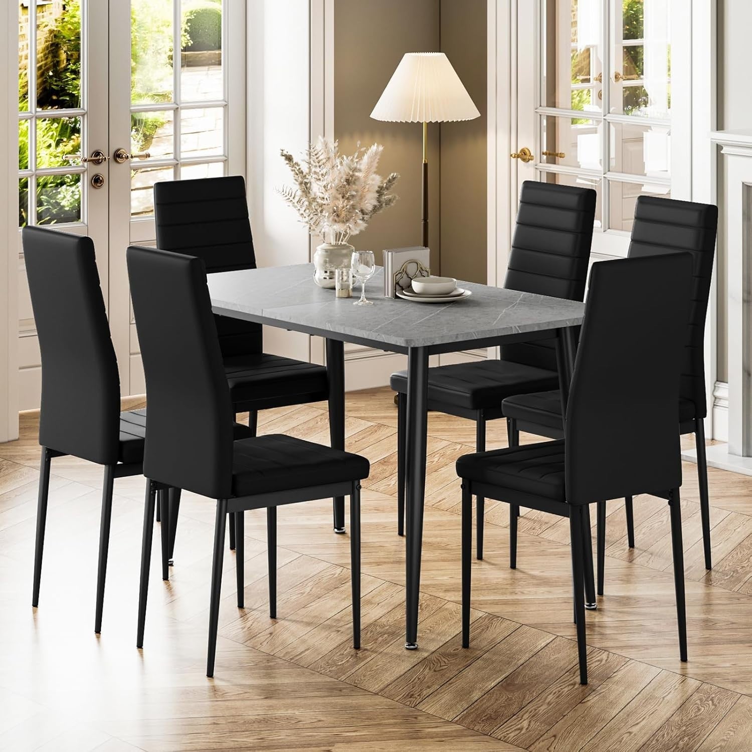 Modern 6-Seater Faux Marble Dining Table Set with High Back Chairs, 120cm