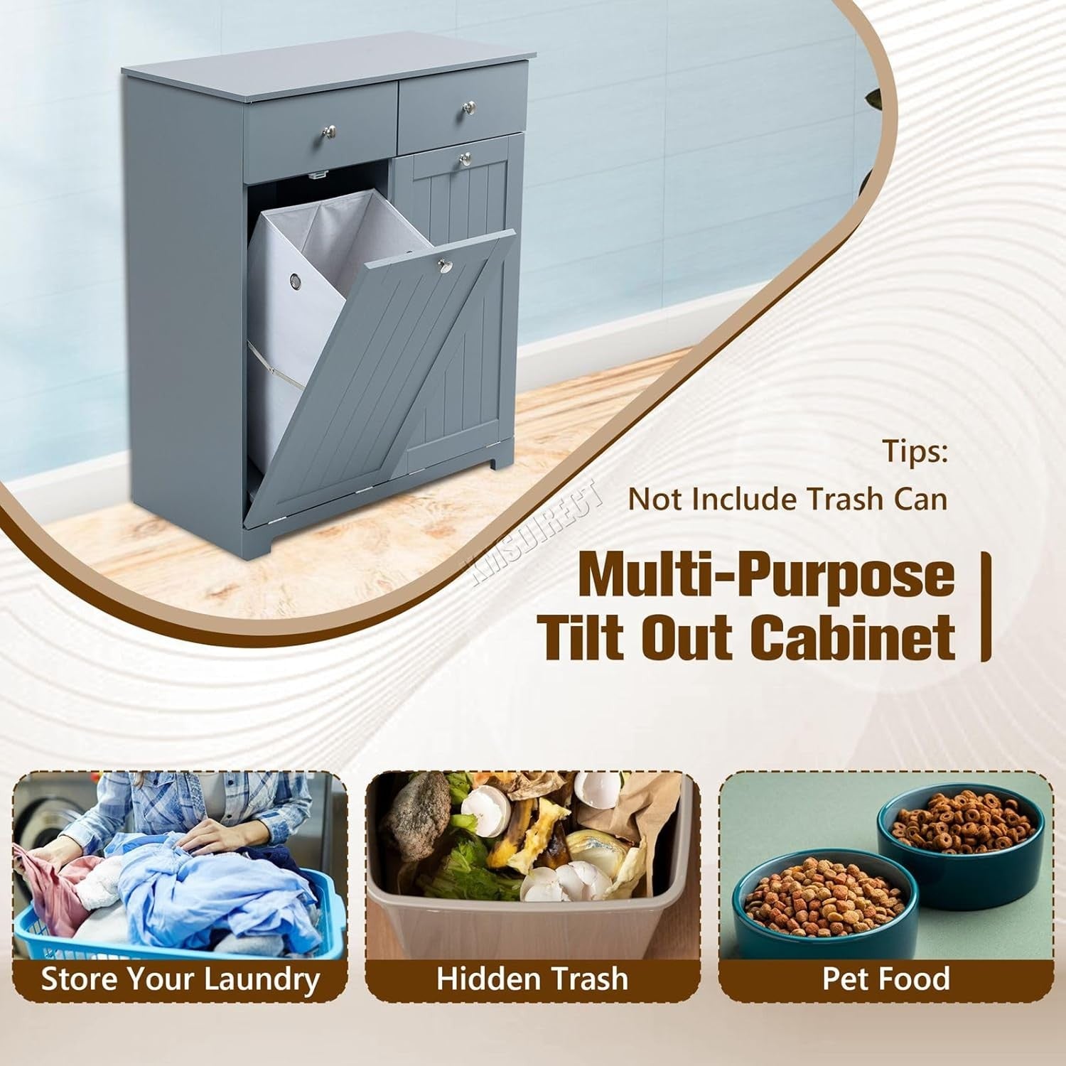 Tilt-Out Laundry Cabinet with 2 Baskets Modern Storage Unit Grey Drawers