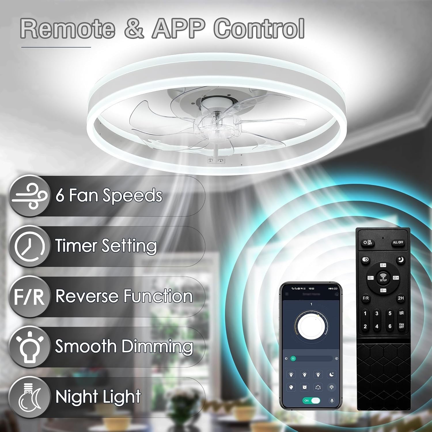 20" Modern Ceiling Fan with Light, Dimmable, 6 Speeds, White