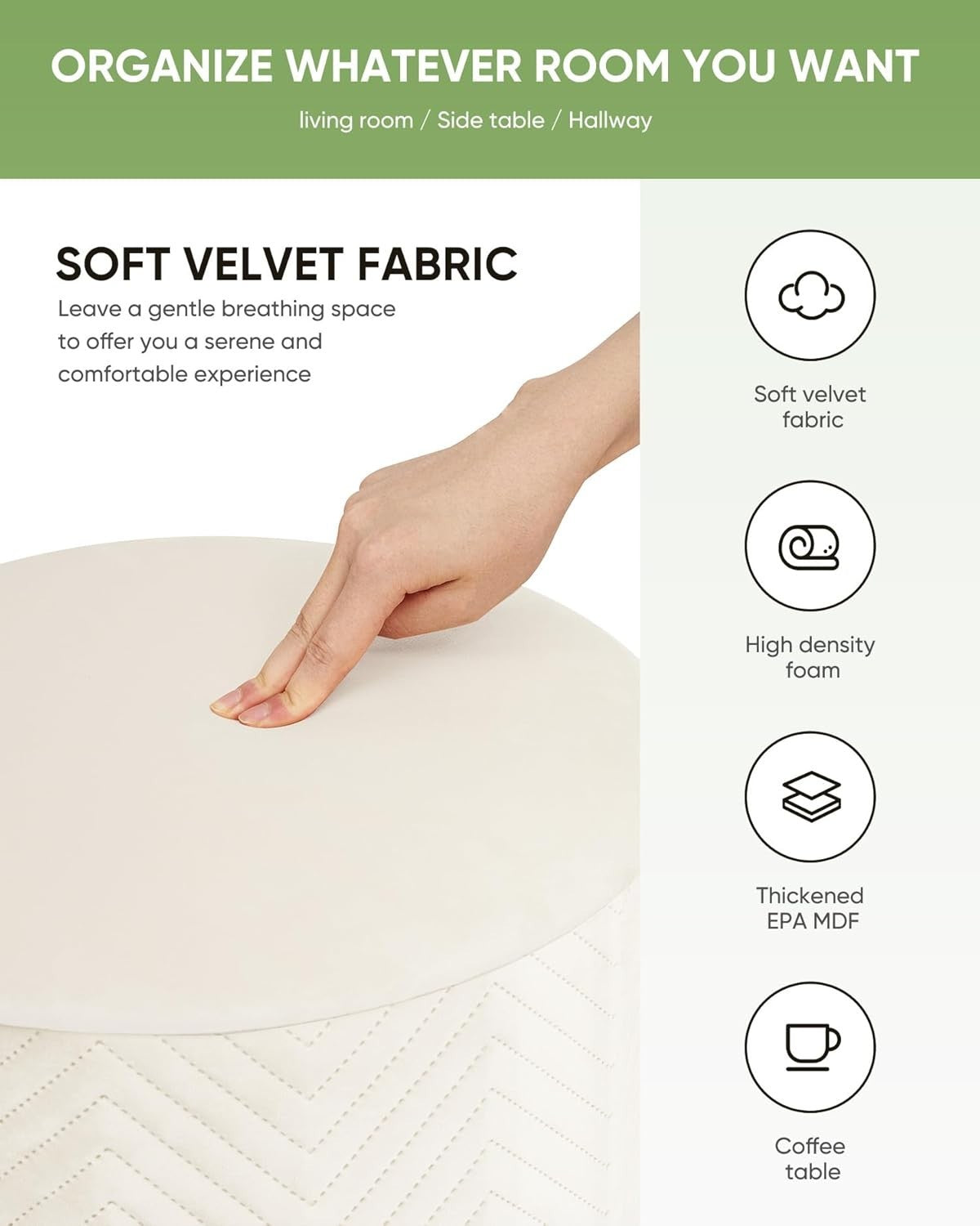 White Velvet Round Storage Pouffe Folding Ottoman with Flip-Top Tray Seat