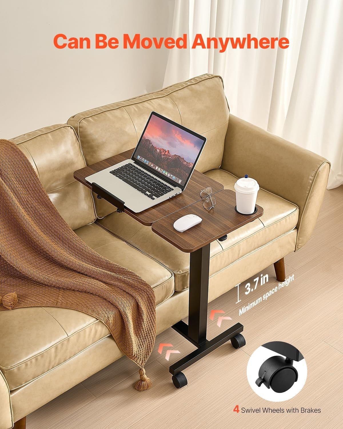 Overbed Laptop Table Height Adjustable Rolling Desk Flip Top Wheels