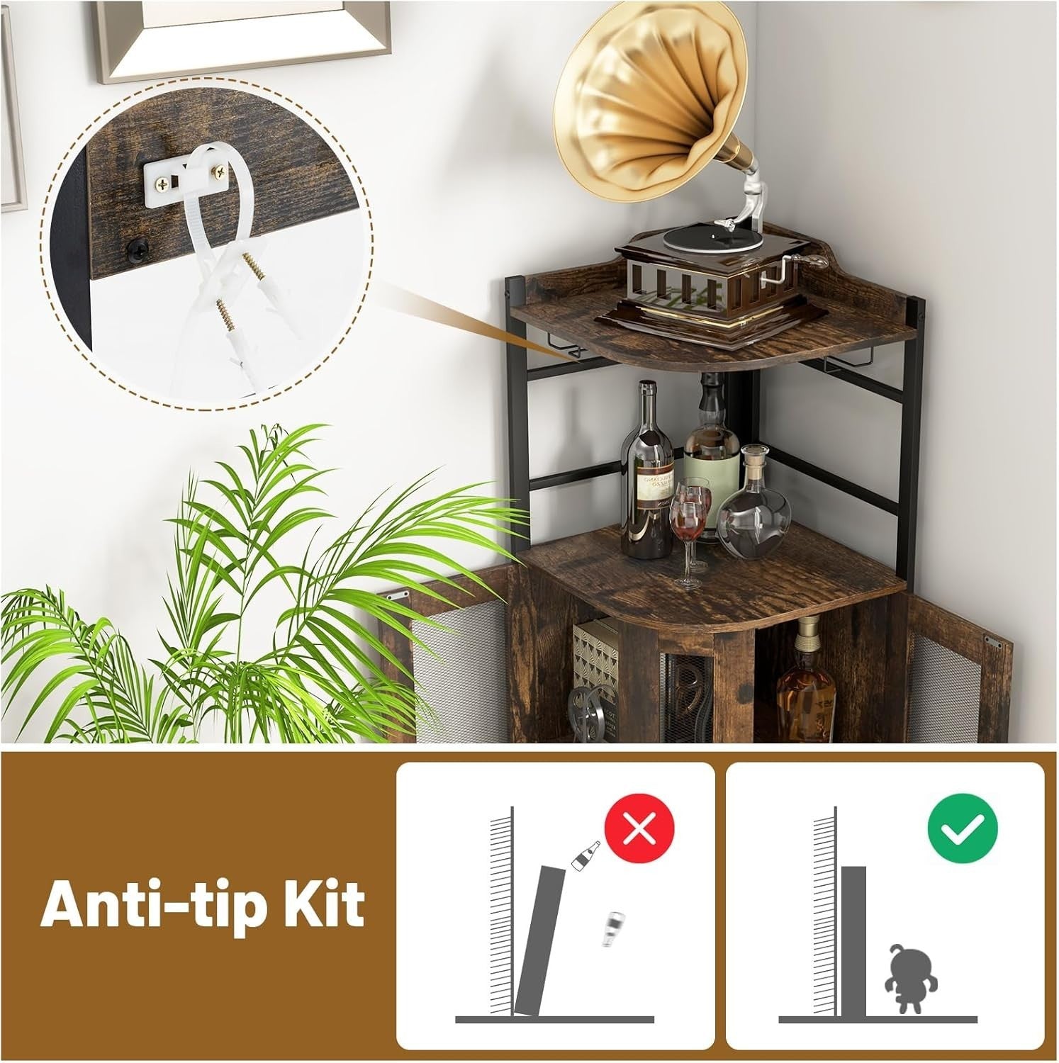 Corner Bar Cabinet Rustic Wine Storage with Glass Holder Mesh Doors