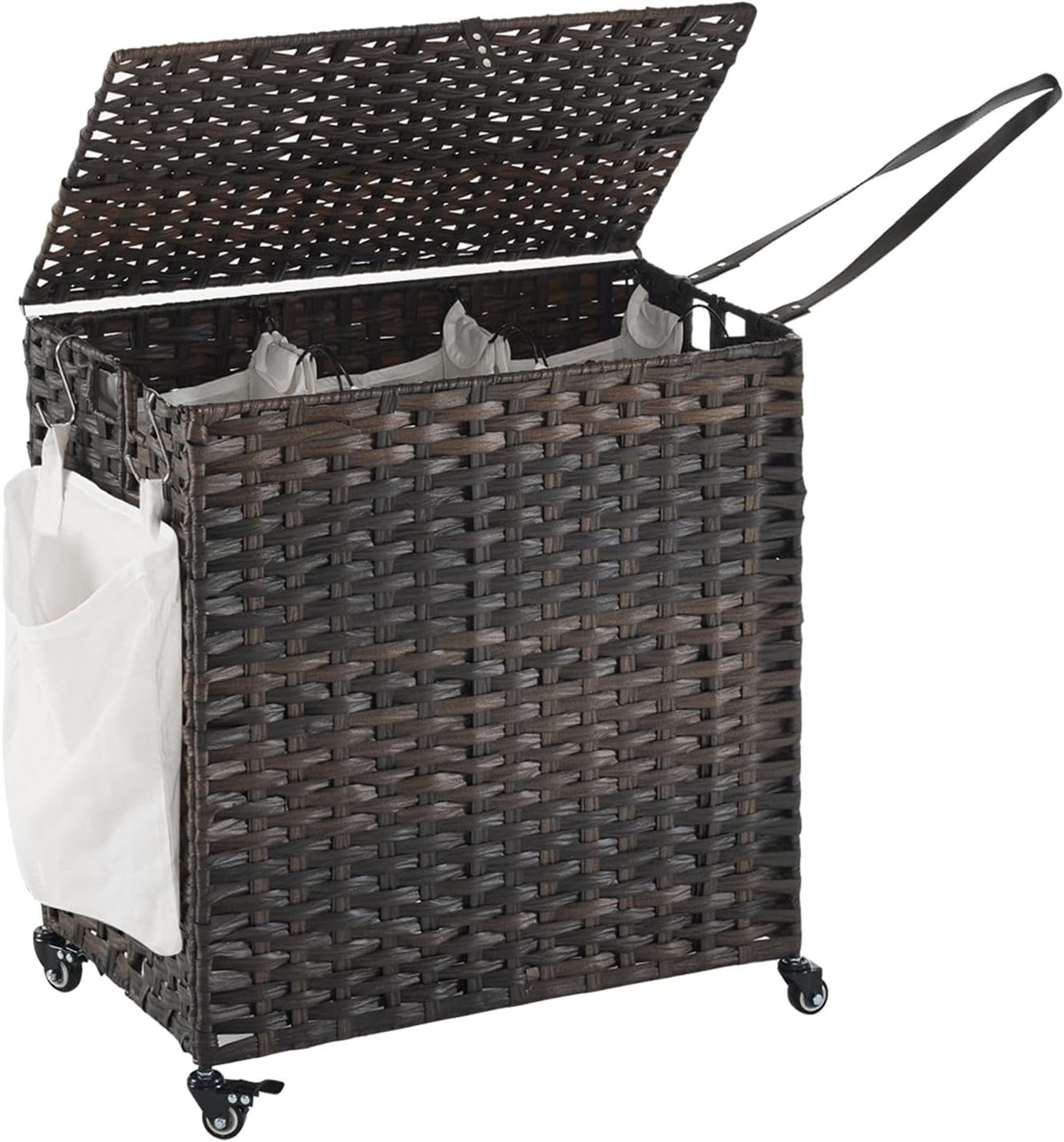 150L Rattan Laundry Hamper with Wheels Lid & 3-Section Removable Bags Brown
