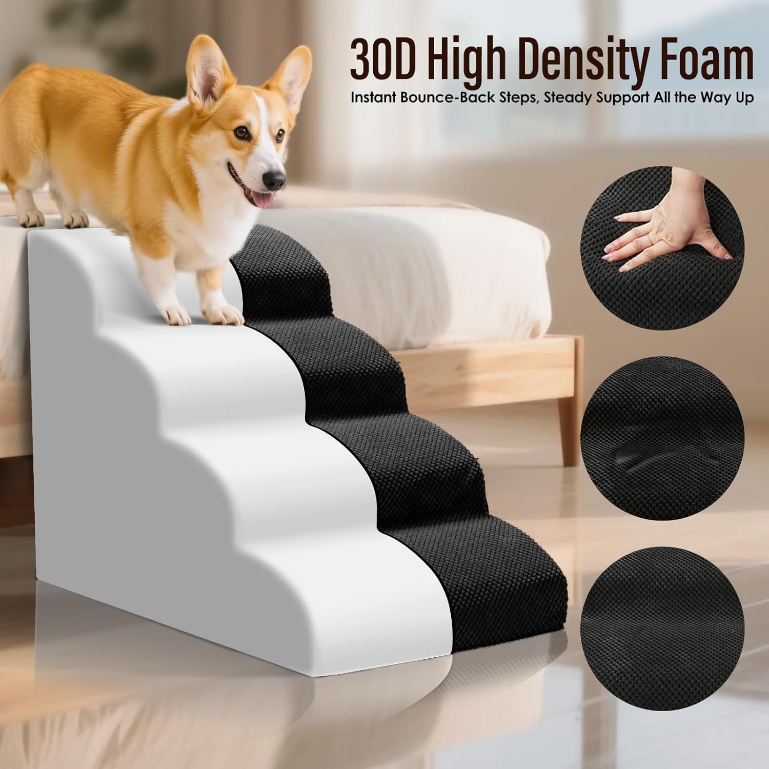 Black 4 Step Dog Ramp 30D Foam Non Slip Stairs 73x40x51cm