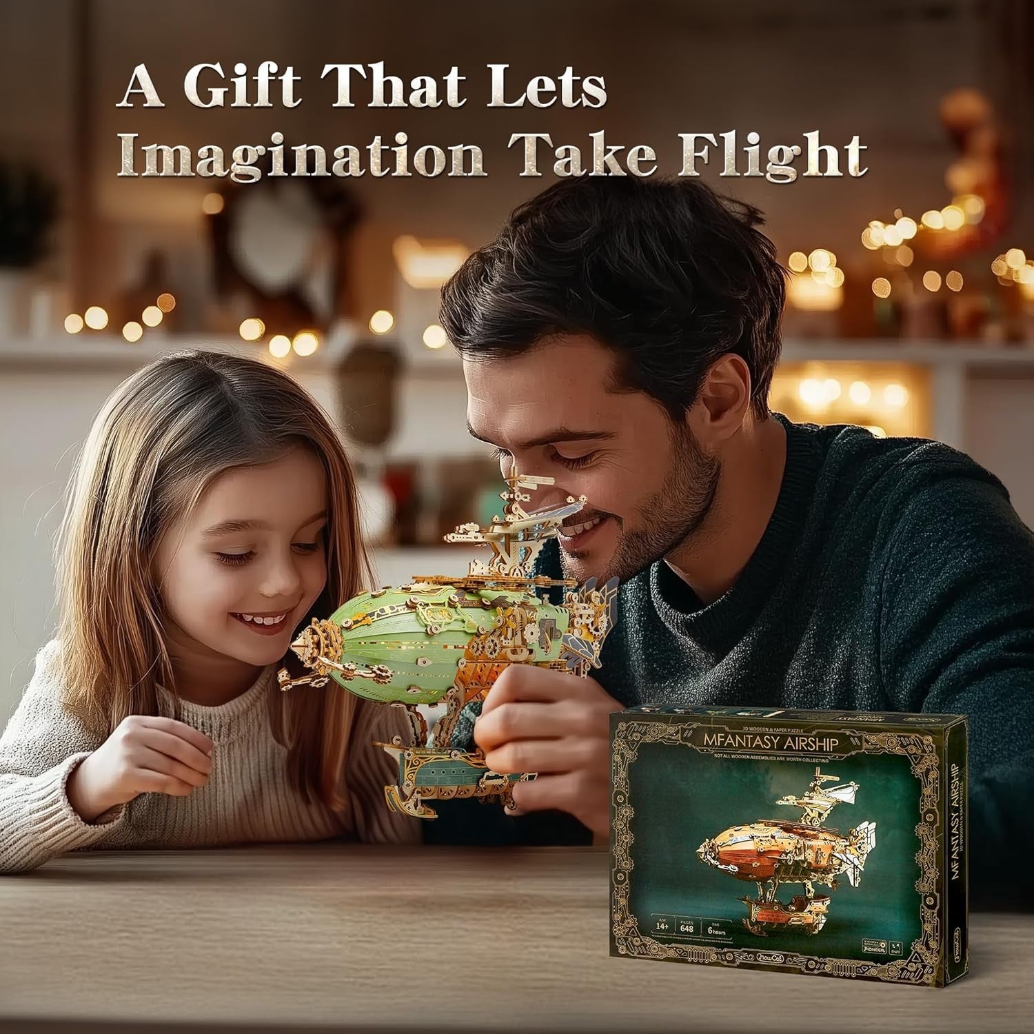 Steampunk 3D Wooden Airship Puzzle with LED Lights DIY Craft Gift Set