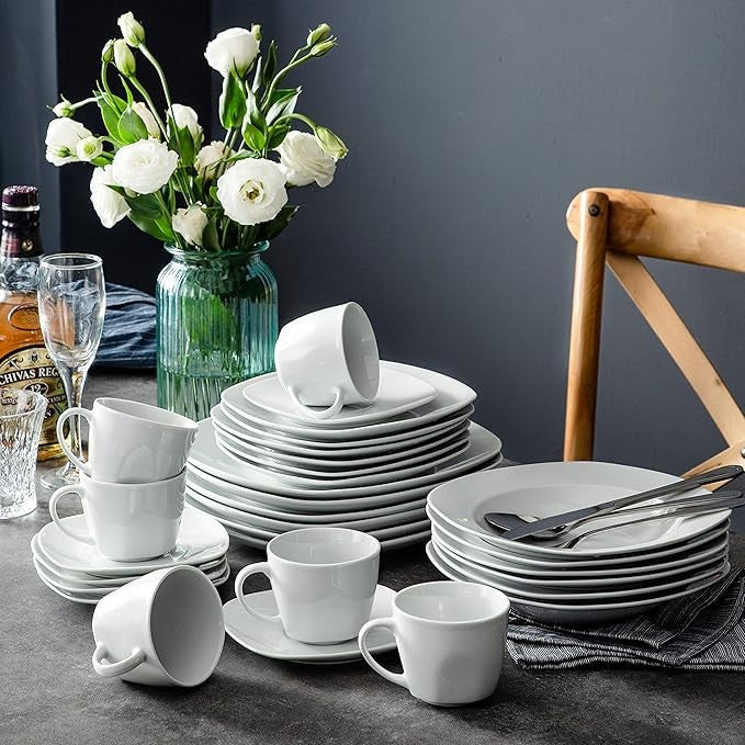 60 Piece White Dinner Set Porcelain Plates Bowls Cups Service for 12 Chip Resist