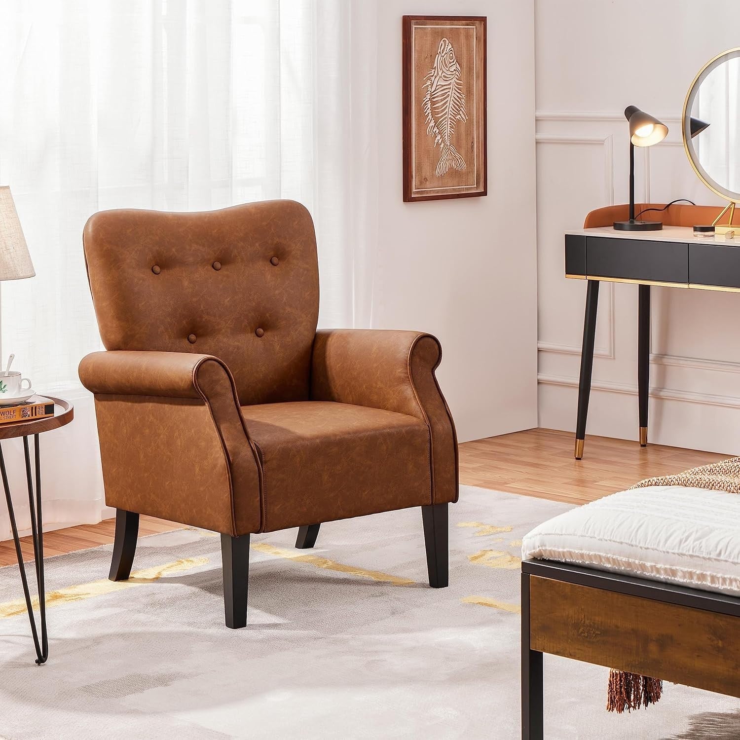 Retro Brown PU Leather Tub Chair Accent Armchair Padded Living Room Seat