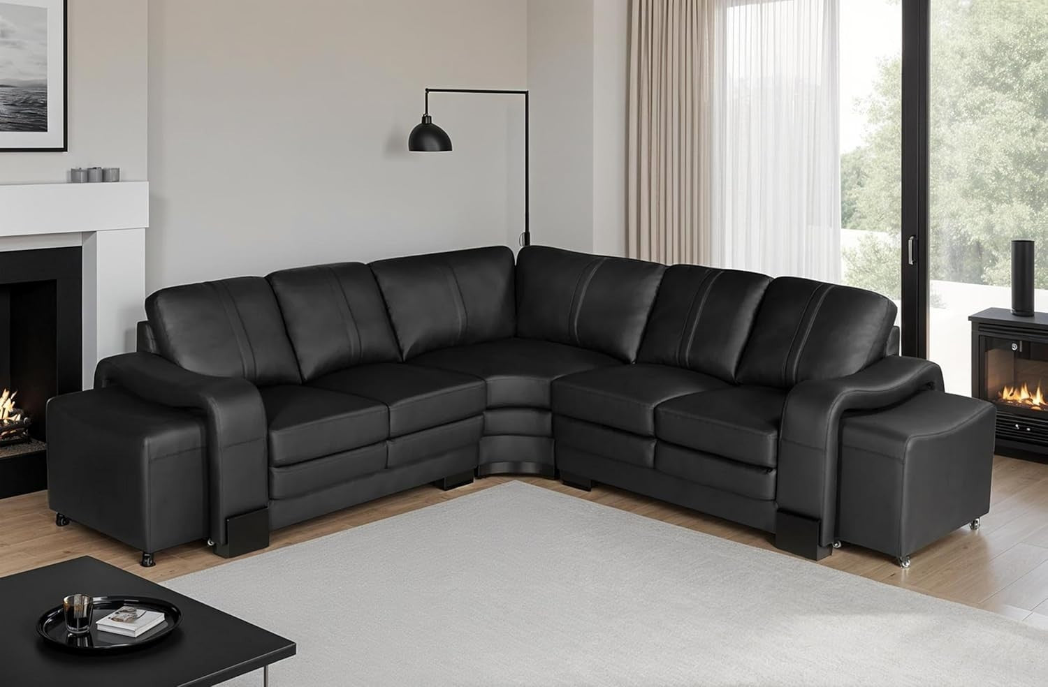 Genuine Leather Black 5-Seater Corner Sofa with Ottomans – Durable & Stylish