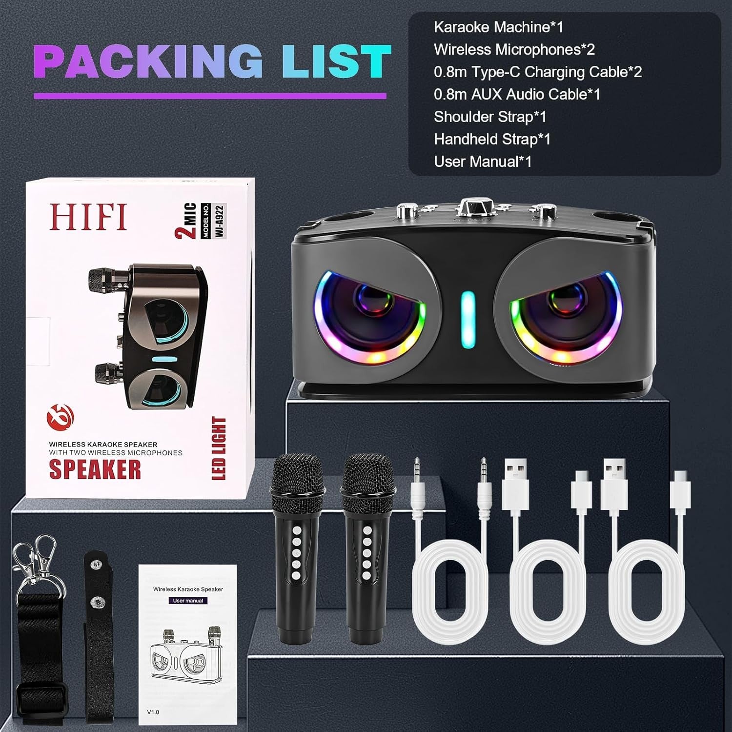 Bluetooth Karaoke Machine with 2 Wireless Mics LED Party Speaker