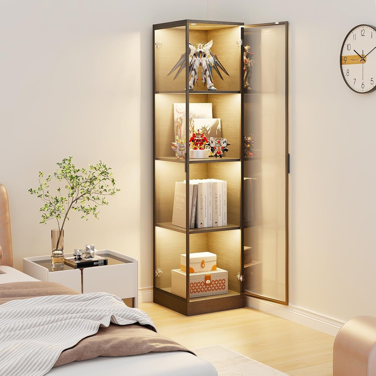 Tall LED Corner Display Cabinet 4-Tier Glass Showcase Unit with Sensor Lighting