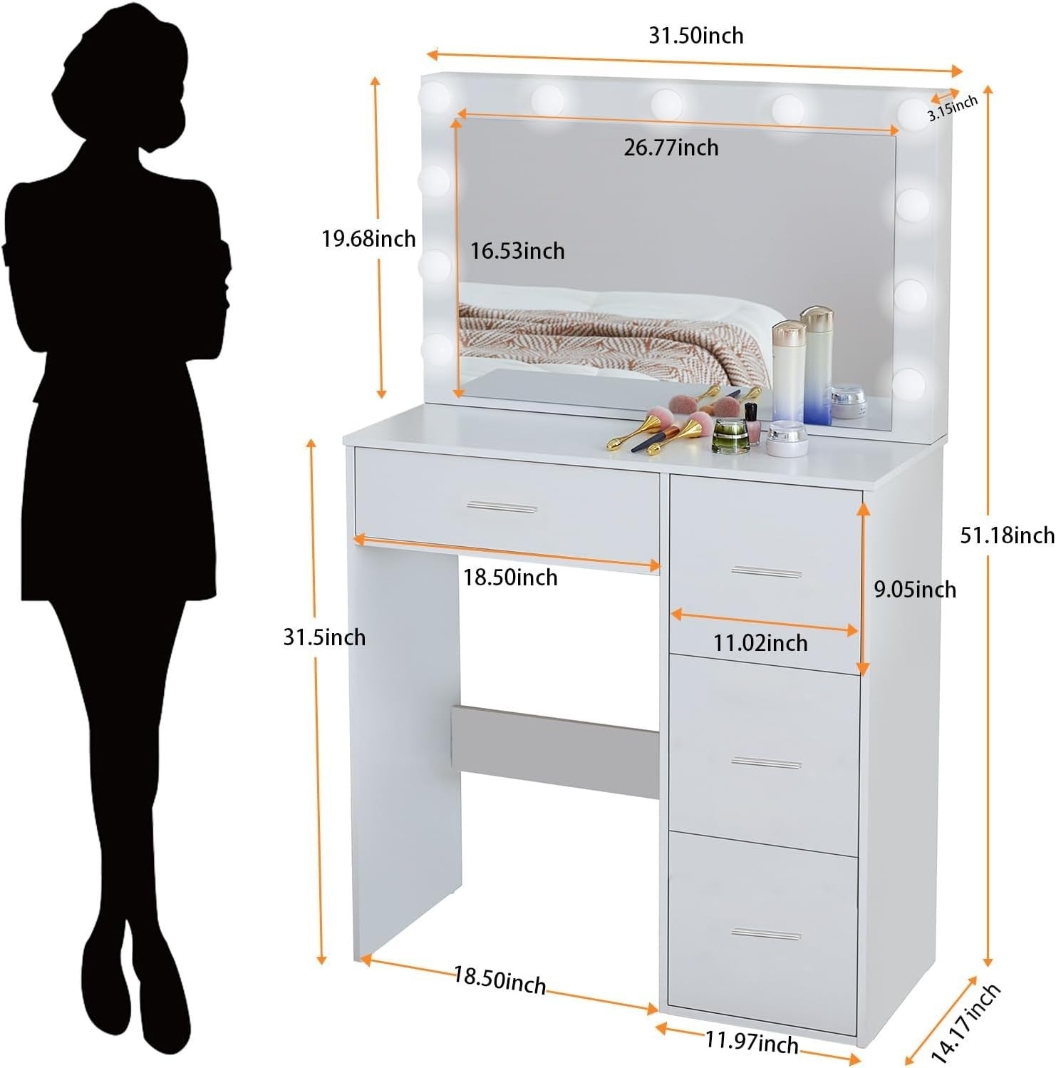 Vanity Dressing Table Desk with Mirror 11 LED Lights 4 Drawers White Wood Minima