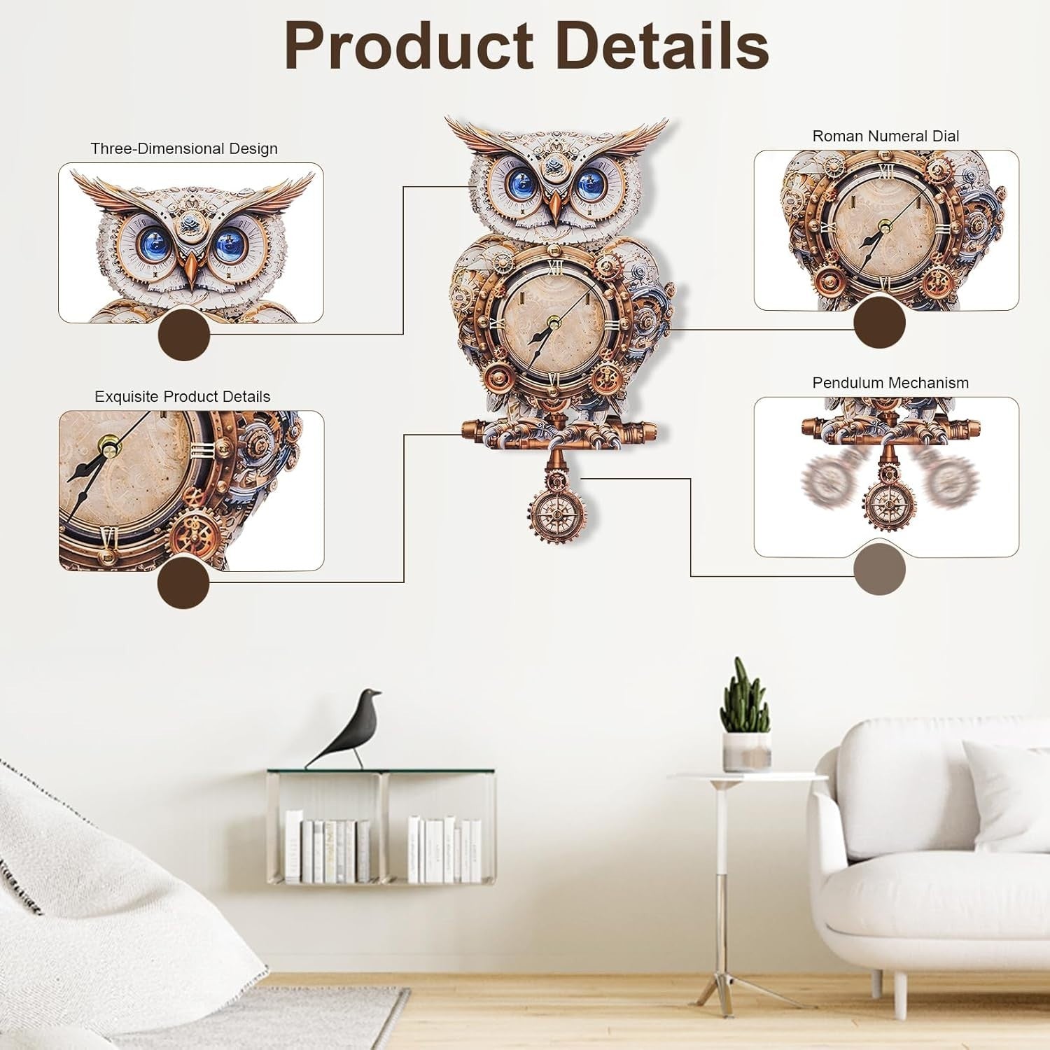 3D Wooden Owl Clock Puzzle for Adults DIY Wall Decor Gift with Pendulum