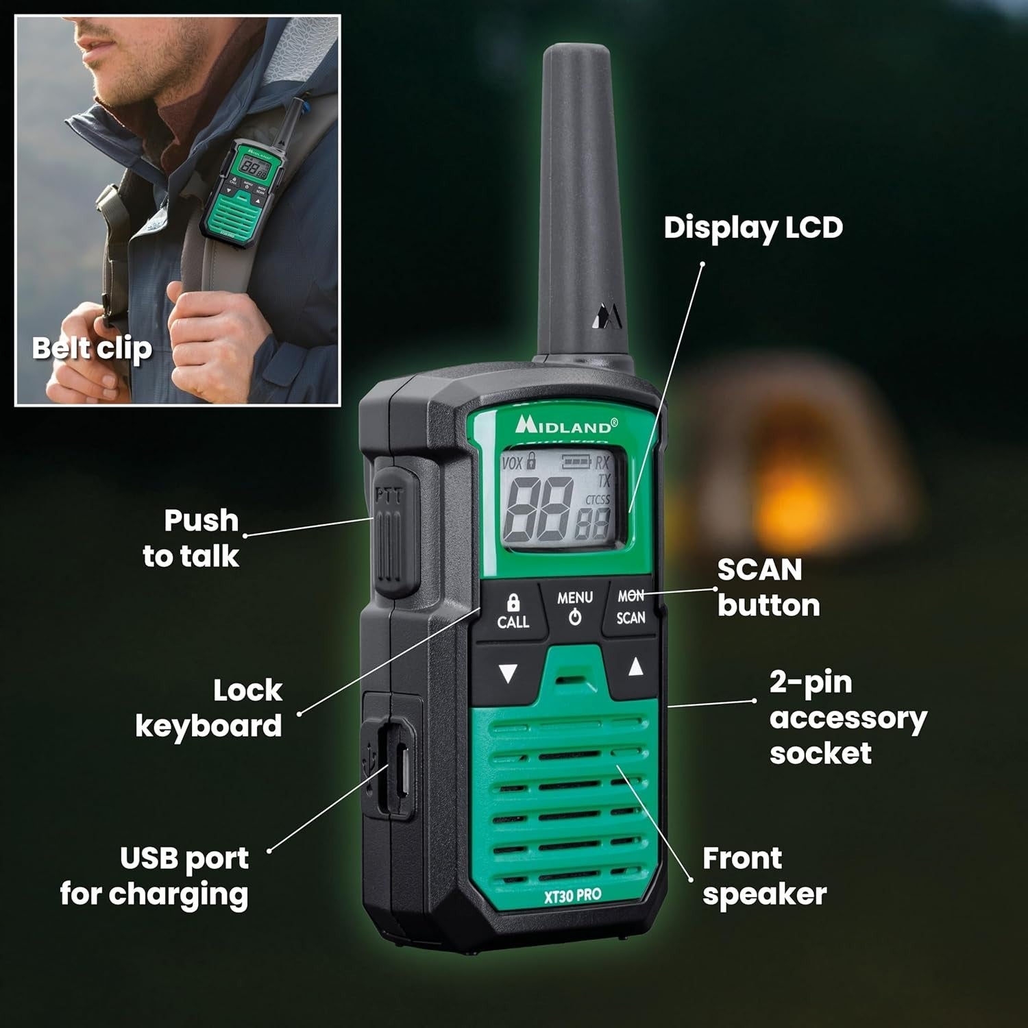 Rechargeable Walkie Talkies PMR446 6km VOX Splashproof 2 Pack