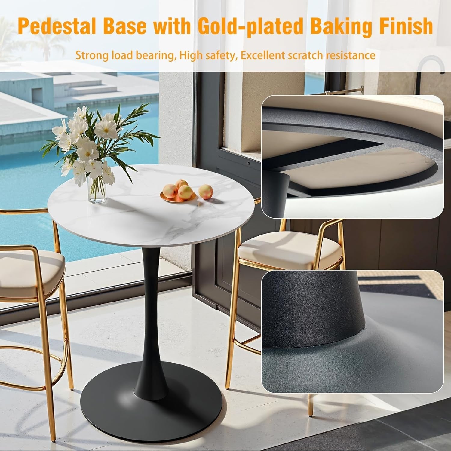 Rich White 76cm Round Tall Bar Table 100cm Sintered Stone Top Black Metal Base