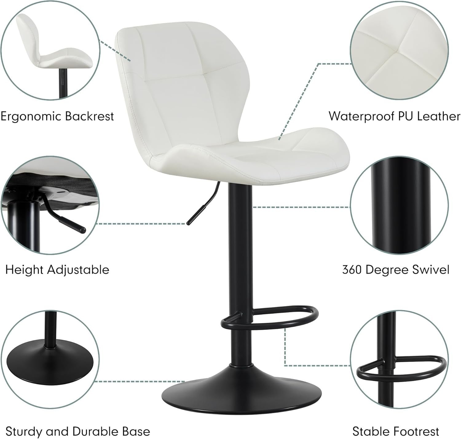 Cream Adjustable PU Leather Bar Stools Set of 2 – Swivel & Height Adjustable