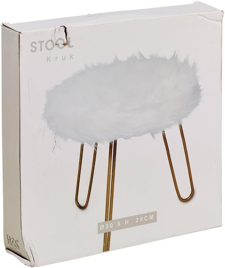 White Faux Fur Vanity Stool Round Gold Hairpin Legs Modern Accent Seat