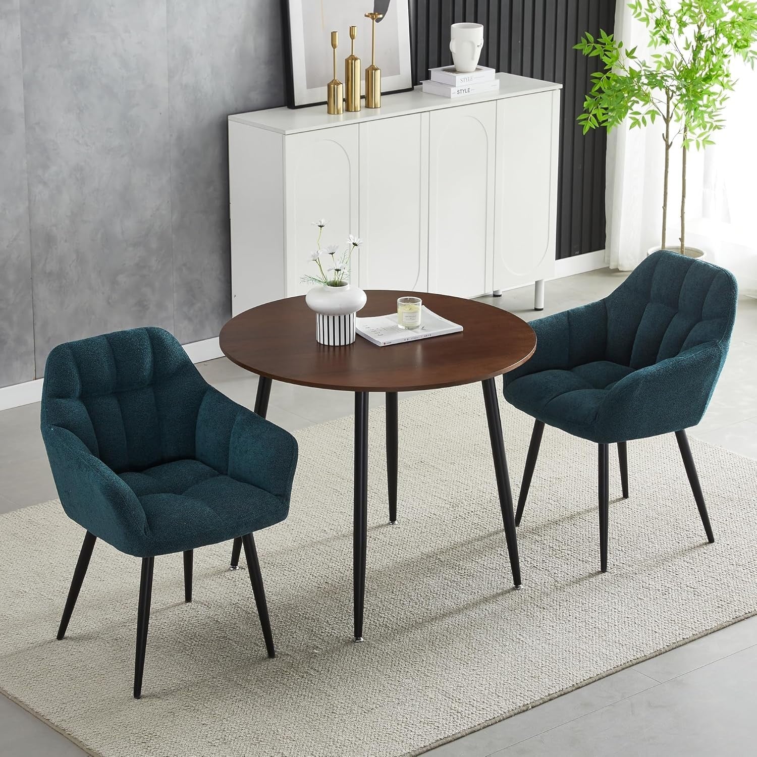 Teal Round Dining Table Set w/ 2 Chairs – Walnut Effect Space-Saving 3-Piece Set