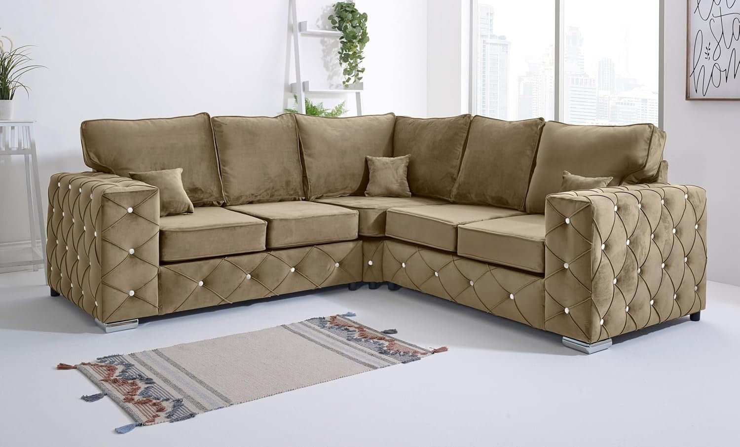 Mink Plush Velvet 5 Seater Corner Sofa - Milton Fullback Diamond Button Tufted