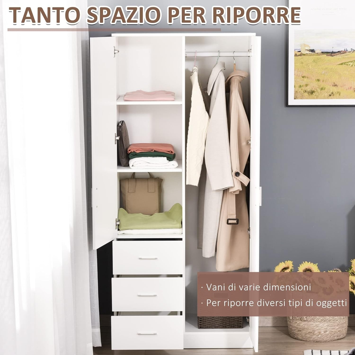 White 2 Door Wardrobe with Mirror 3 Drawers Adjustable Shelves Bedroom