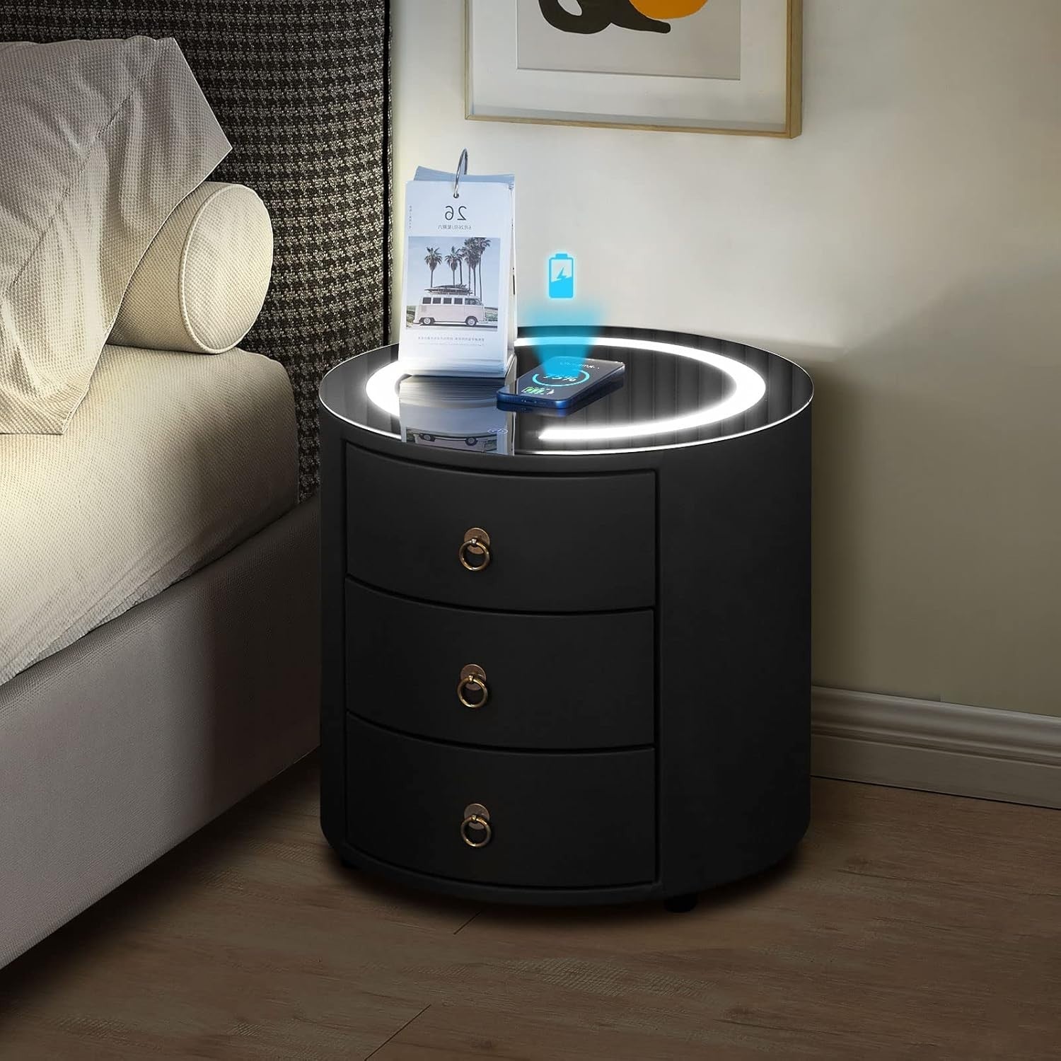 Set of 2 Luxury Round Bedside Tables with Wireless Charging & LED Lights