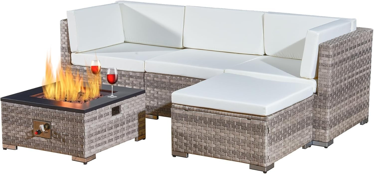 4-Piece Outdoor Rattan Sofa Set with Fire Pit Table Patio Garden Furniture Grey