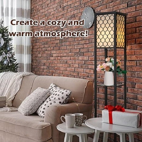 Floor Lamp with Shelves Storage Standing Light Pattern Shade Reading Lamp