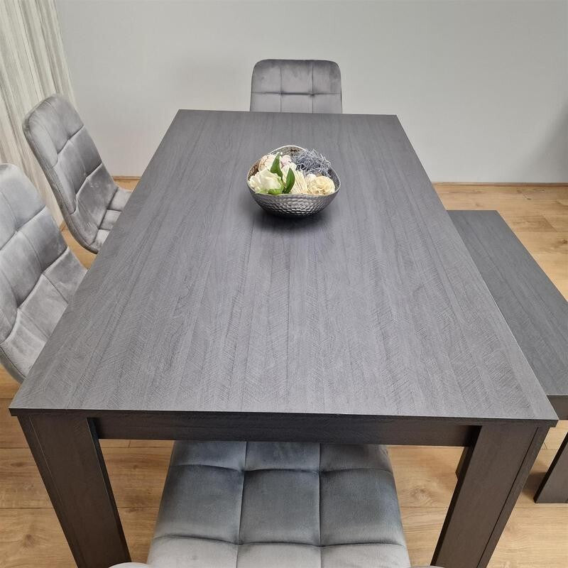 6 Seater Dining Table Set with Bench & 4 Grey Chairs – Modern Wood Effect