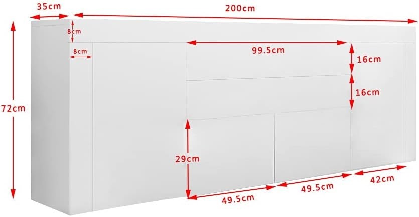 Modern White Sideboard 200cm Gloss Cabinet Unit Storage Drawers Doors