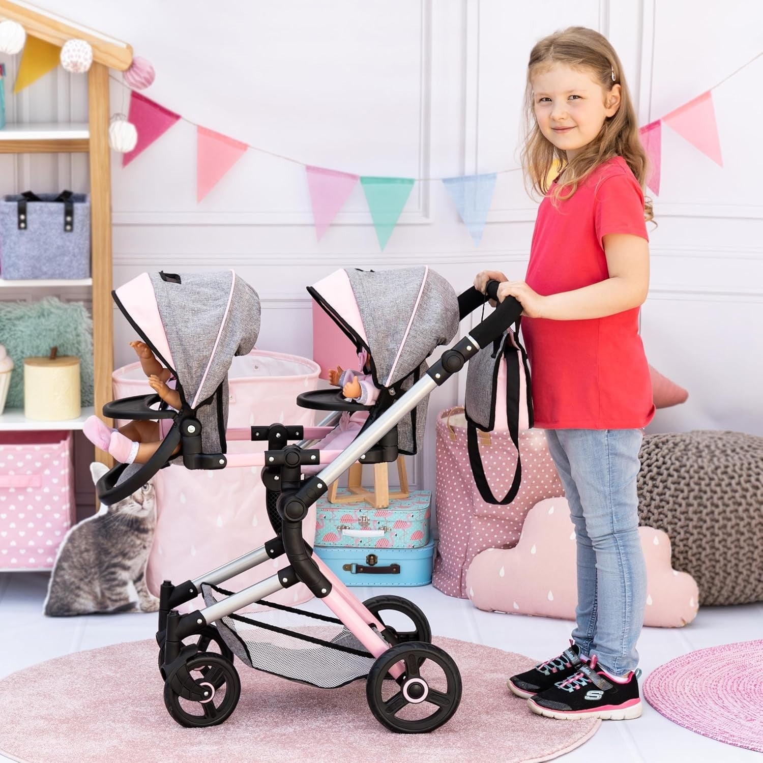 Twin Doll Pram Double Stroller Adjustable Handle Foldable Basket Bag