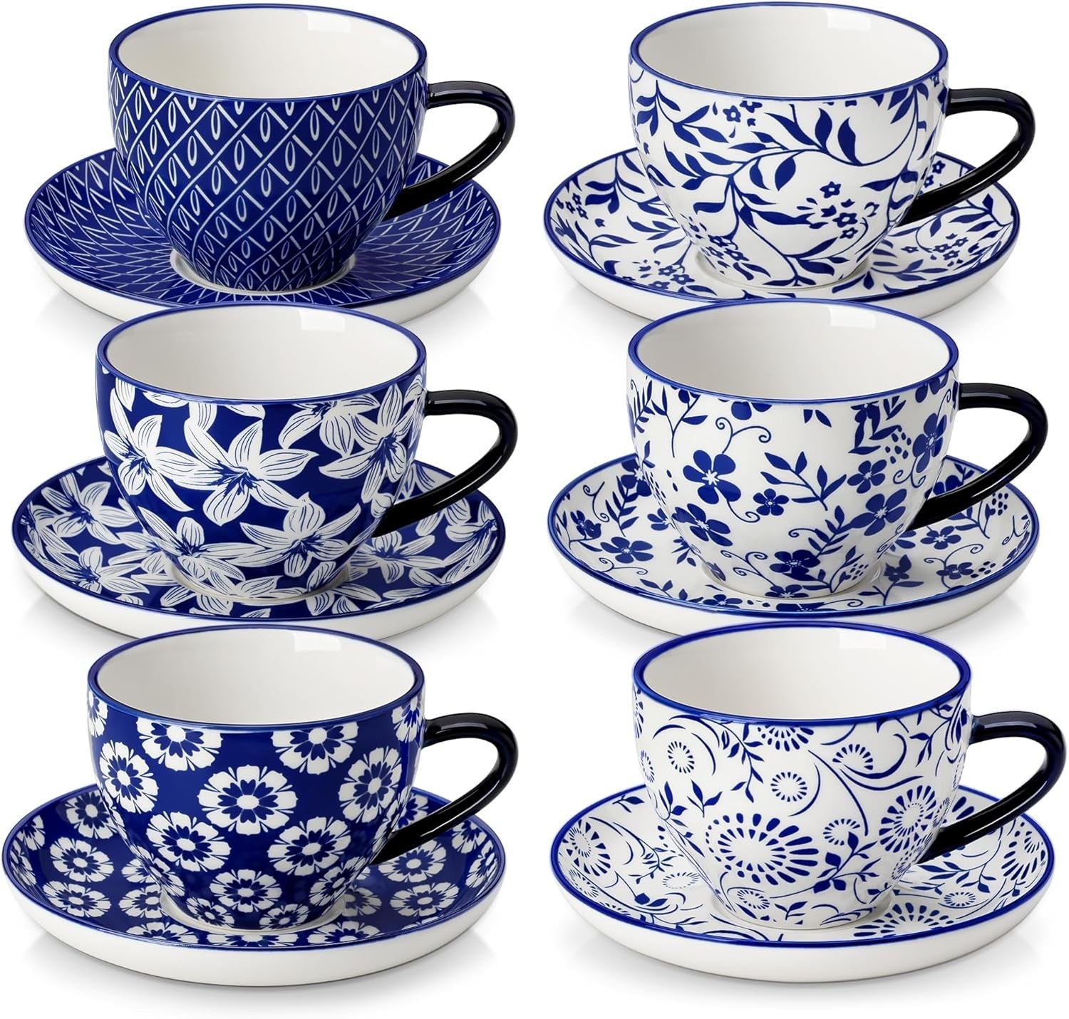 Espresso Cup & Saucer Set of 6 Blue White Porcelain Coffee Tea 240ml