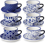 Espresso Cup & Saucer Set of 6 Blue White Porcelain Coffee Tea 240ml